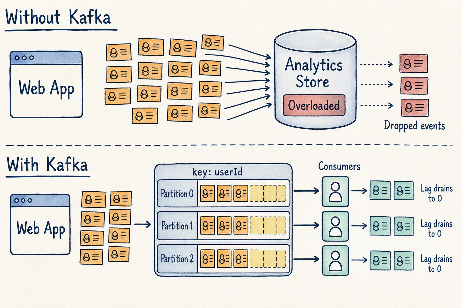 Labeled comparison showing direct analytics writes overloading a store and Kafka partitions buffering user events for consumers