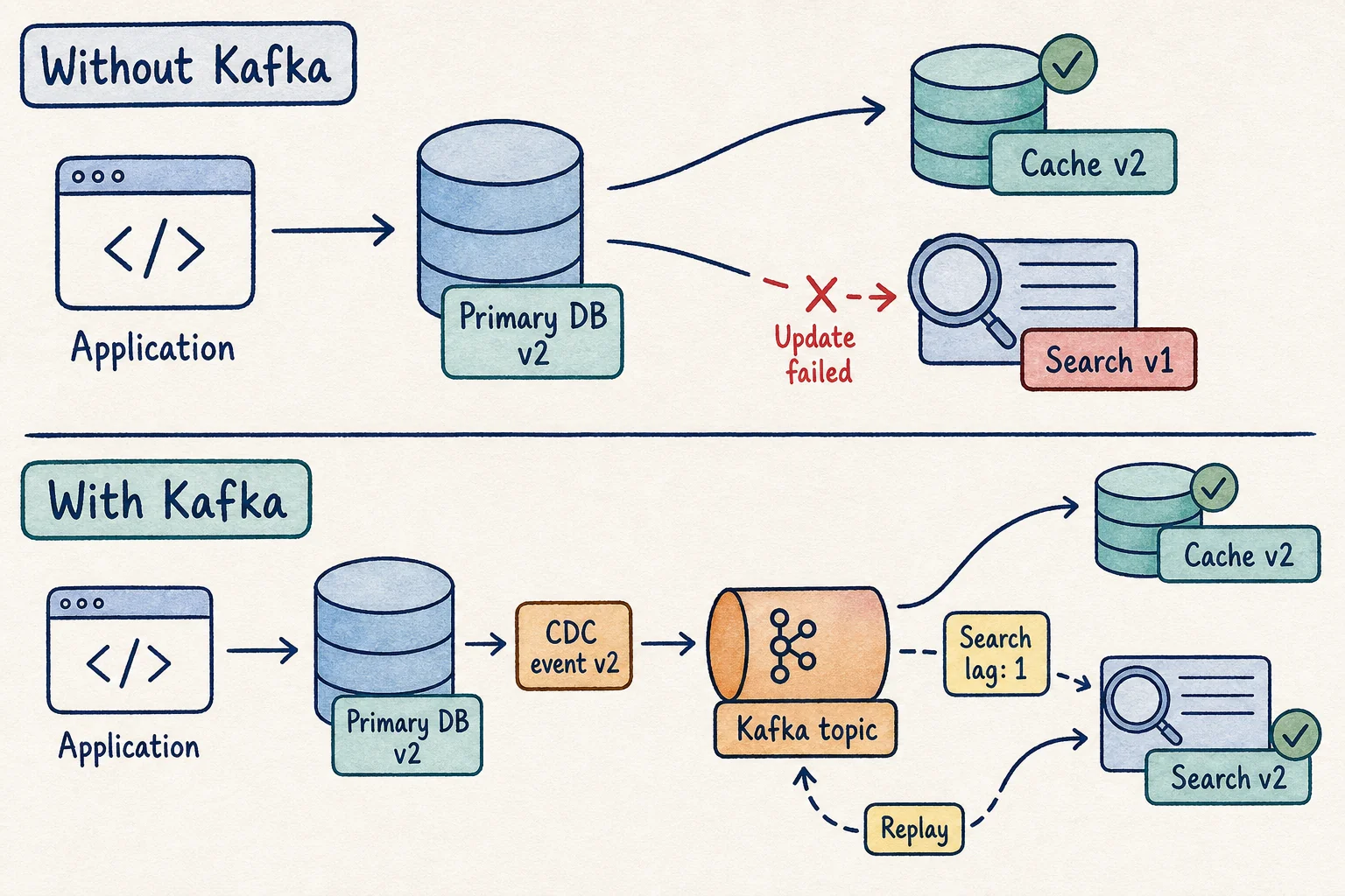Labeled comparison showing inconsistent direct database dual writes and a Kafka CDC event replaying to Search and Cache