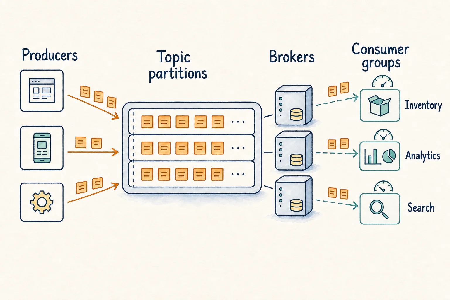 Labeled sketch showing producers writing records to Kafka topic partitions stored by brokers and read by independent consumer groups