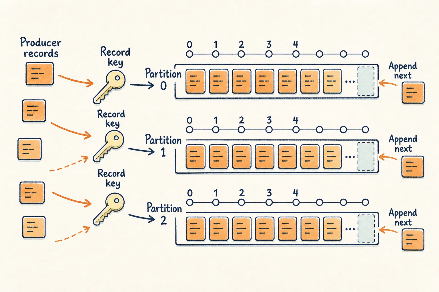 Labeled sketch of producer records routed by keys into three append-only Kafka partitions with offsets