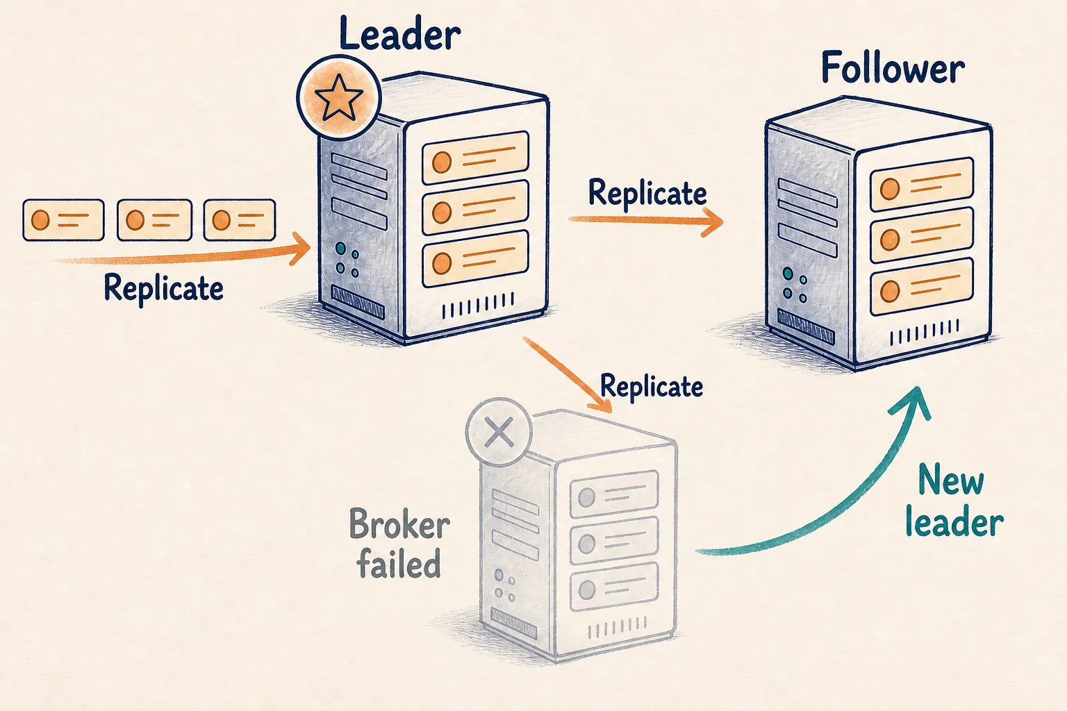Labeled sketch showing a Kafka partition leader replicating records to followers and a healthy follower becoming leader after broker failure