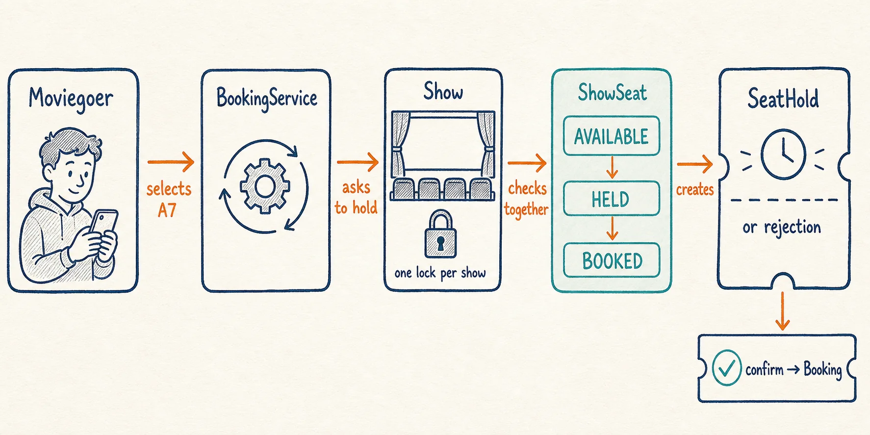 A moviegoer selects A7, BookingService asks a locked Show to check its ShowSeat state, and returns a SeatHold or rejection before confirmation creates a Booking