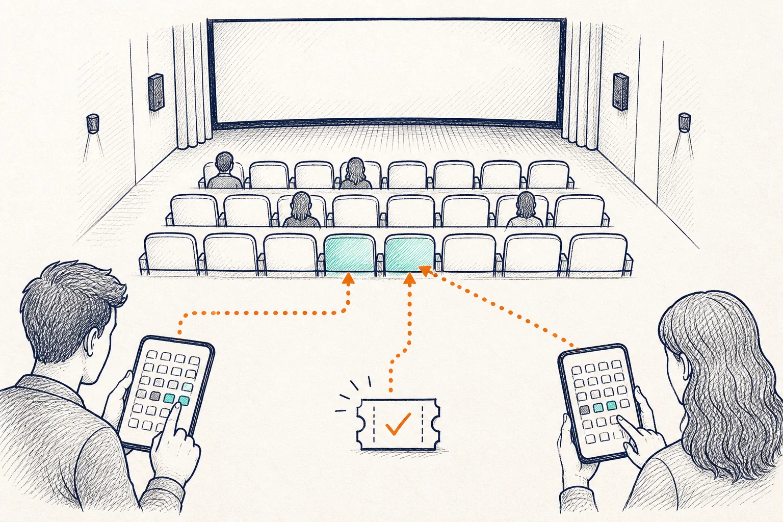 Two moviegoers selecting the same highlighted cinema seats from their phones while one confirmed ticket is shown