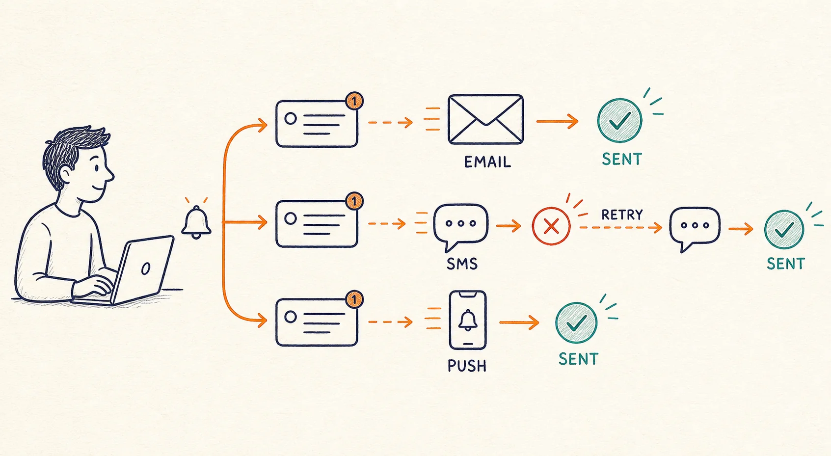 A caller submits email, SMS, and push notifications while a temporary SMS failure is retried
