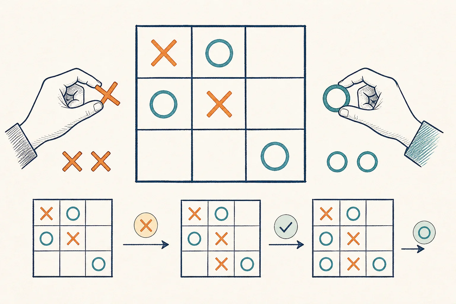 Two players taking turns placing X and O marks on a three by three board