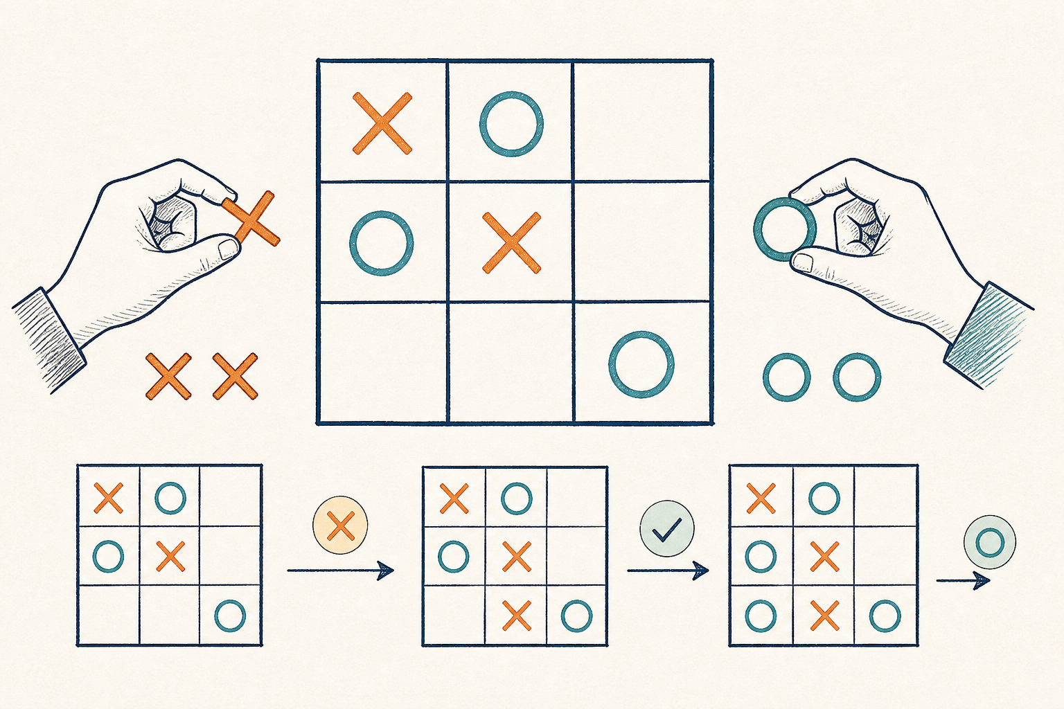 Two players taking turns placing X and O marks on a three by three board